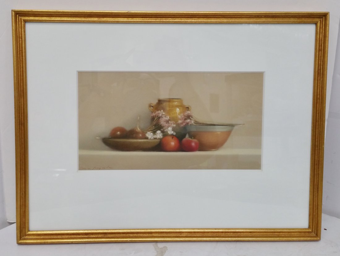 Pierre Jacqueline Nature Morte Aux Lommes Pastel: Title: Pierre Jacqueline Nature Morte Aux Lommes Pastel w NYC Receipt Described By: Nikki HFA VX TQSS Description: Rustic pastel still life by Pierre Jacqueline titled Nature Morte Aux Lommes with its