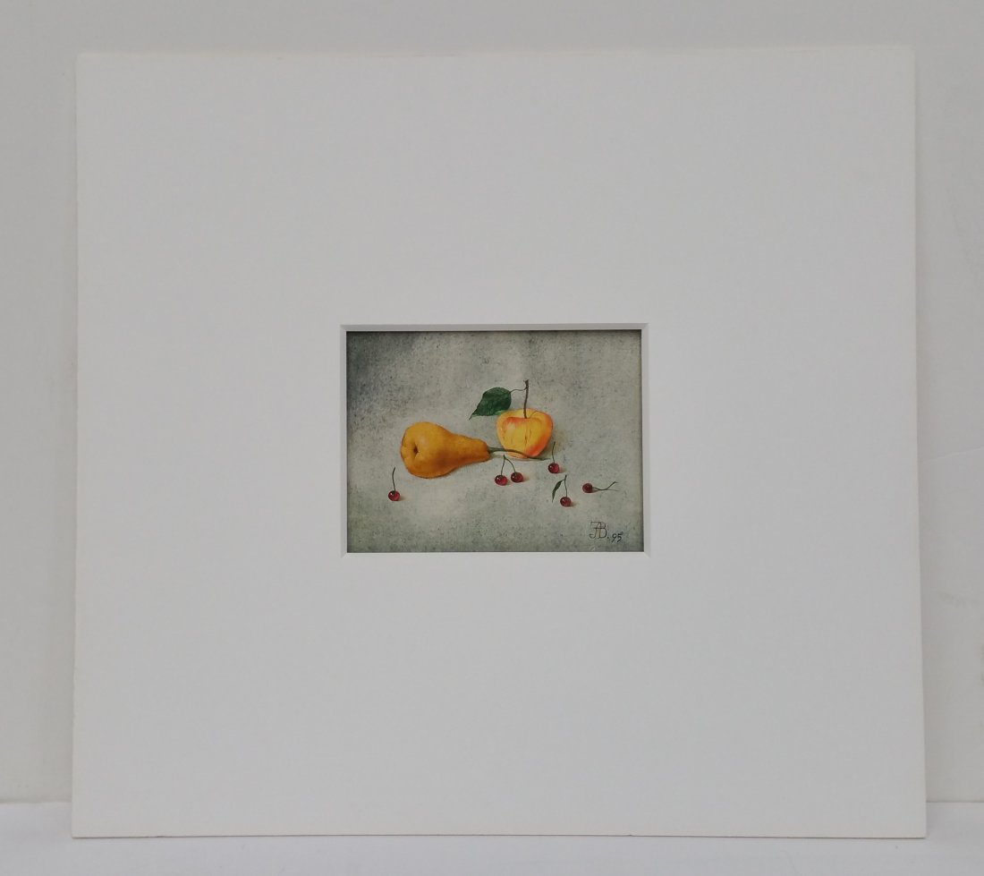 Signed 95 Watercolor Still Life Pear Apple Cherries FAB: Title: Signed 1995 Watercolor Still Life Pear Apple Cherries FAB Described By: Nikki HFA VX TUK Description: Beautiful signed 1995 watercolor still life of a pear, apple and some cherries with a photo