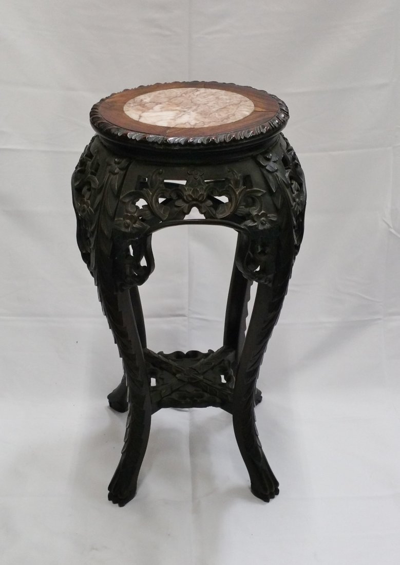 Chinese Qing Carved Marble Hardwood Table Plant Stand (1 of 6)