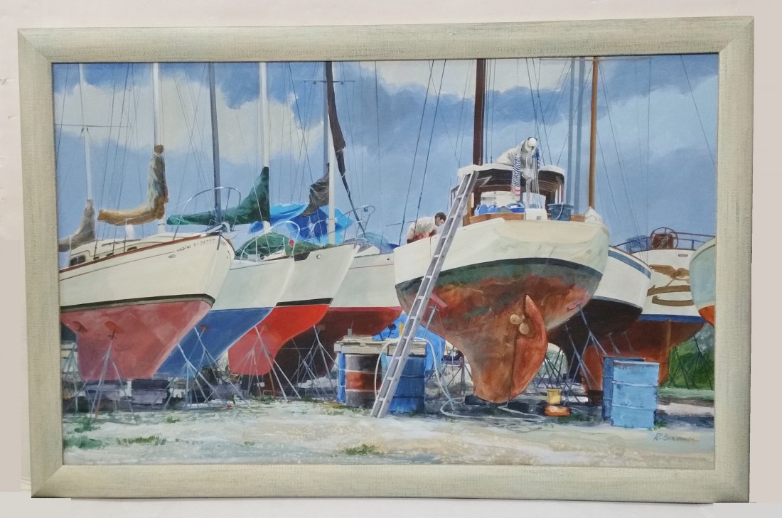 Roger Bansemer Sailboat Yard: Title: Roger Bansemer Sailboat Yard Described By: Nikki CNX VX 1158 4415 Description: Intricate Roger Bansemer sailboat yard painting. Painting and frame show no visible wear. Ready to hang!Banemer is