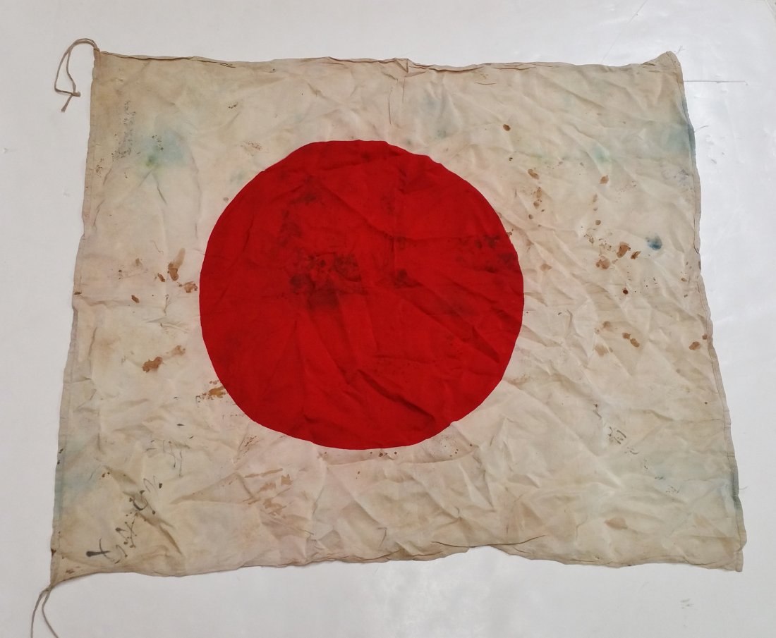 WWII Japanese Stained Signed Kanji Rising Sun Flag (1 of 6)