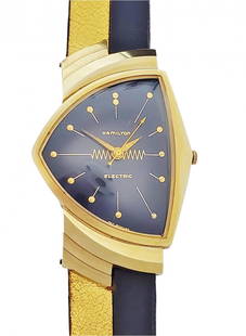 14k Gold Hamilton Ventura Box Papers Tags Original Band: Title: 14k Gold Hamilton Ventura Box Papers Tags Original Band Designed By Richard Arbib Description: Up for auction is a lovely 14k gold Hamilton Ventura electric watch, with its original box,