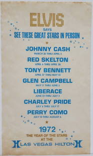 1972 Elvis Presley Las Vegas Hilton Show Poster: Title:1972 Elvis Presley Las Vegas Hilton Show Poster Description: 1972 Elvis Presley Las Vegas Hilton Show Poster Featuring Johnny Cash Red Skelton Tony Bennett Glen Campbell Liberace Charley Pride