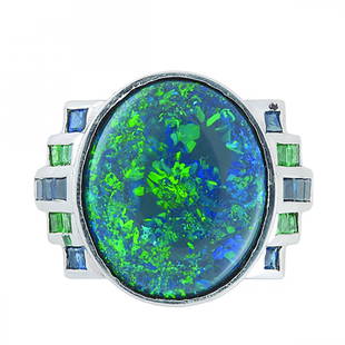 GIA Nat Black Opal Platinum Nat Emerald Sapphire Ring: Title: GIA Nat Black Opal Platinum Nat Emerald Sapphire Ring Description:This is a stunning ring!! It was made by a Midwestern jeweler who traveled to Australia in 1976 to source the best opals he