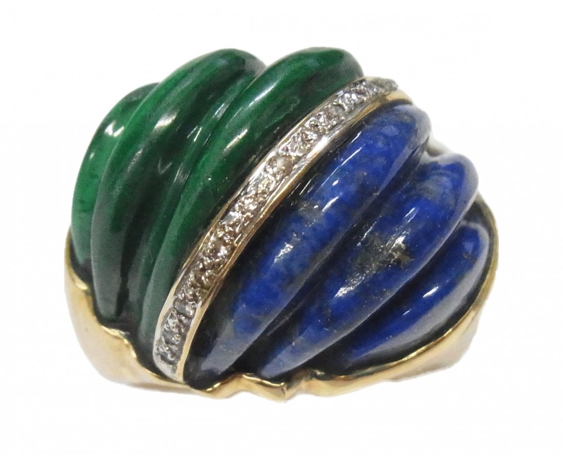 Heavy 14k Gold Carved Lapis Malachite Diamond Dome Ring (1 of 13)