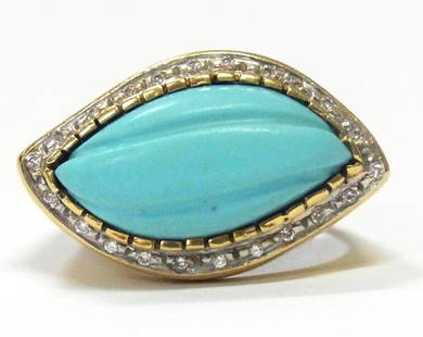 Persian Turquoise Diamond 18k Gold Midcentury Ring: Carved Persian Turquoise Diamond 18k Gold Midcentury Modern Freeform Ladies Ring Description: Timeless 1960’s design here in matte textured 18k gold, featuring a carved, freeform shaped,