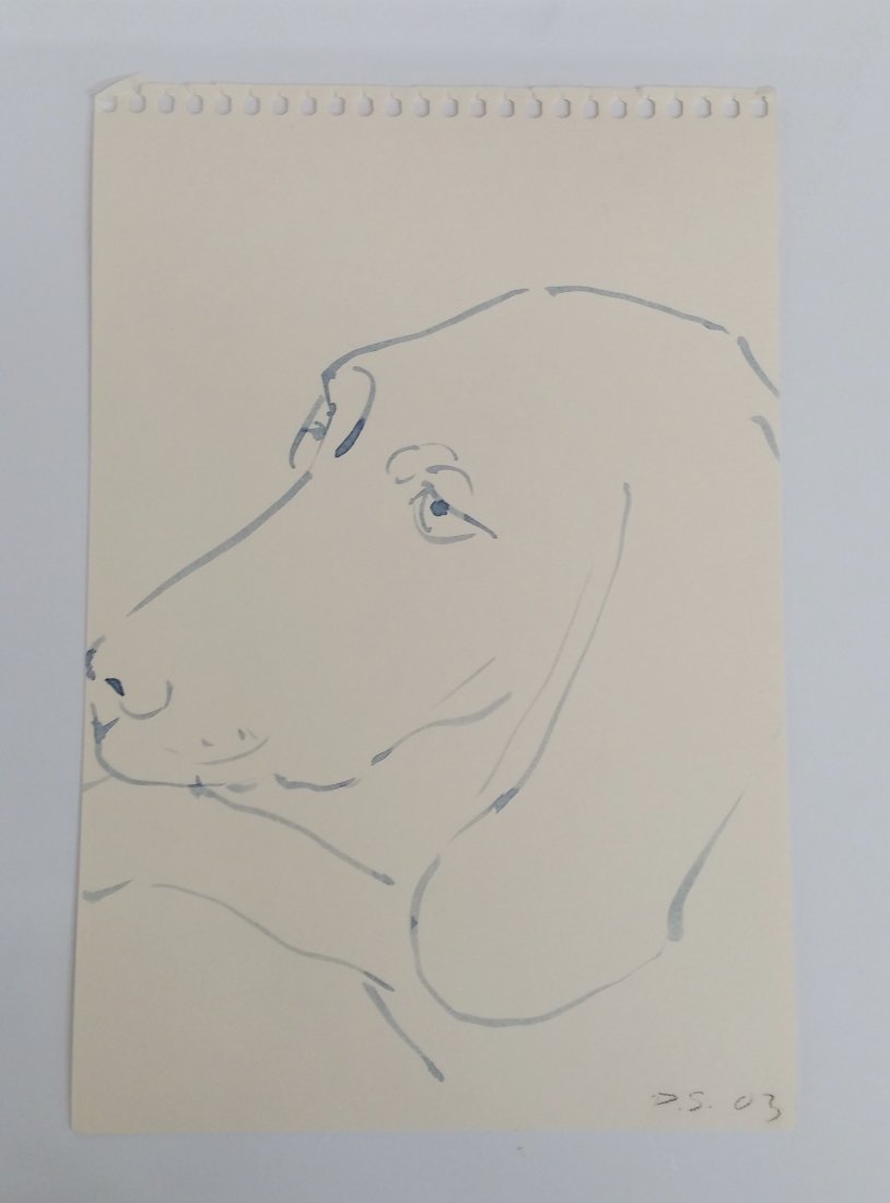 Orig David Salle Dog Winnie Portrait Watercolor 1 of 3: Title: Orig David Salle Artist Dog Winnie Portrait Watercolor 1 of 3 Described By: Nikki HFA VX NATT Description: Nice original David Salle artist dog watercolor portrait titled Winnie. Piece is blue 