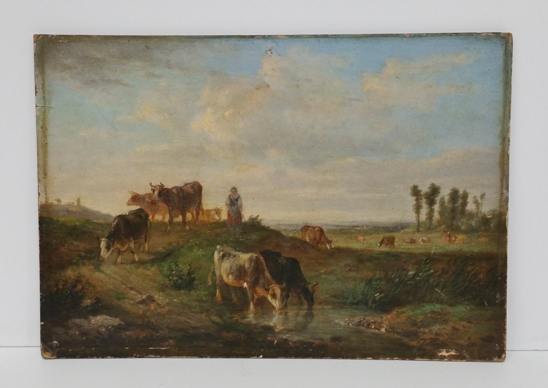 Tiny Signed Oil Painting Cow Landscape Pastoral Scene (1 of 8)