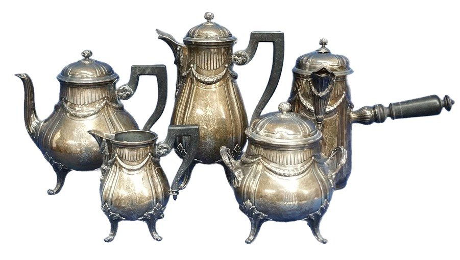 Henin Sterling Silver 117.25ozt Coffee Tea Chocolate: Title:Henin Sterling Silver 117.25ozt Coffee Tea Chocolate Description: Henin & Cie Sterling Silver 117.25ozt Antique 19c Coffee Tea Hot Chocolate Creamer Sugar Set Paris France Approx. Dimensions or