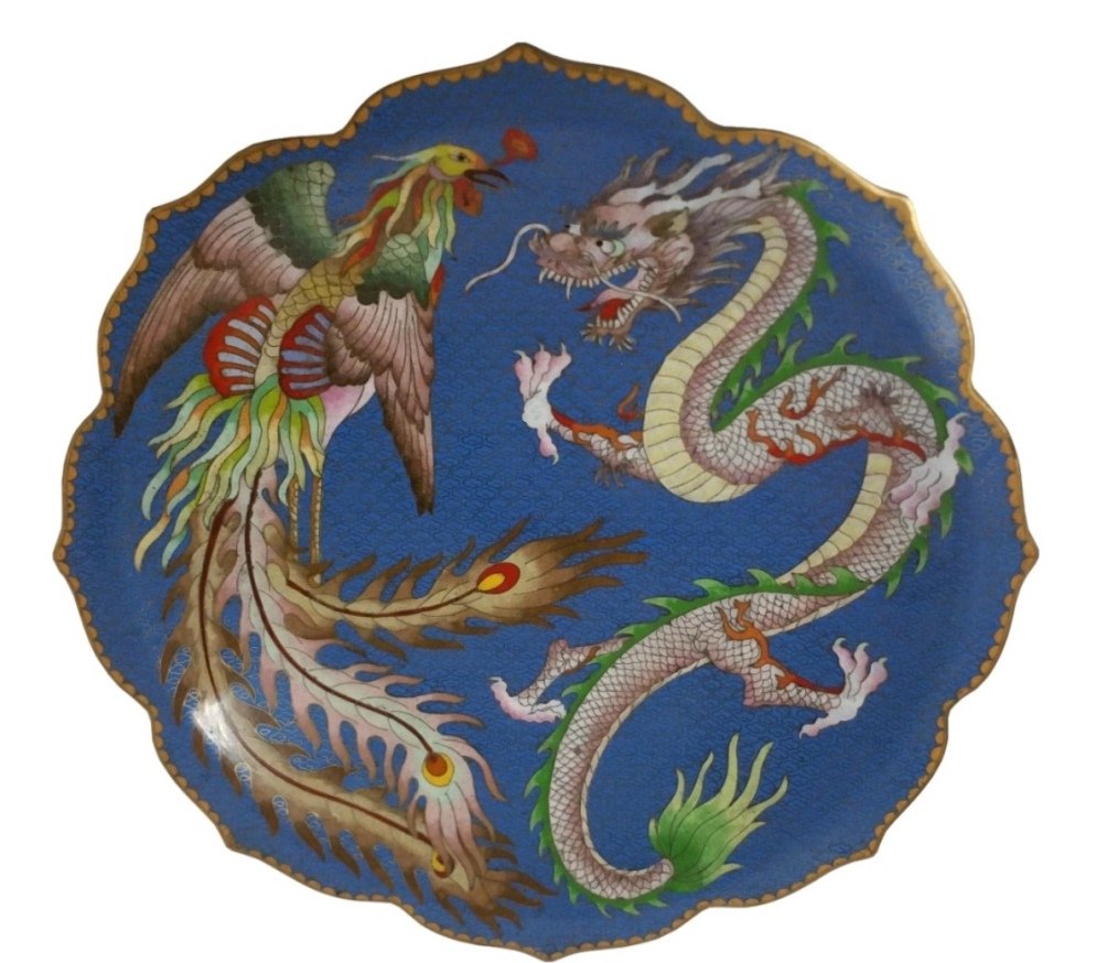 Antique Asian Cloisonne Dragon Phoenix Gilt Charger (1 of 10)