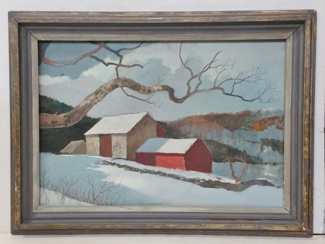 Barn Landscape Inspired By Eric Sloane Painting: Title: Barn Mountain Landscape Inspired By Eric Sloane Painting w Frame Described By: Nikki CNX 1145 4340 Description: Rustic winter landscape folk art style painting on panel with a barn and mountain