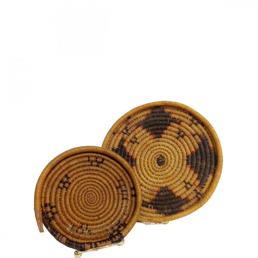2 Coil Basket Trivet Coasters Poss Thompson River: Described By:Kimberli HFA VX NMI Title:2 Vintage Coil Basket Trivet Coasters Poss Thompson River Description: Vintage Native American coil baskets, possible Thompson River works. Lovely brown and red