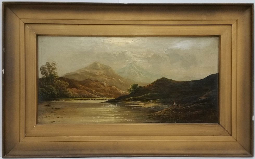Charles Leslie British Antique Landscape Oil Painting: Title: Charles Leslie British Antique Landscape Oil Painting Description:Charles Leslie British Antique Mountain Landscape Oil Painting River Fisherman Signature: Unsigned, older label ver