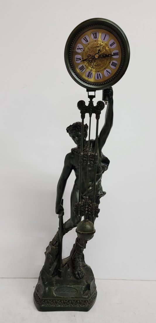 Hollywood Regency Retro Greek Roman Warrior Clock: Described By:Nikki HFA VX NYI Title:Tall Hollywood Regency Retro Greek Roman Warrior Plastic Clock DeCaprio Description: Fabulous tall Hollywood regency retro Greek Roman warrior plastic clock by DeCa