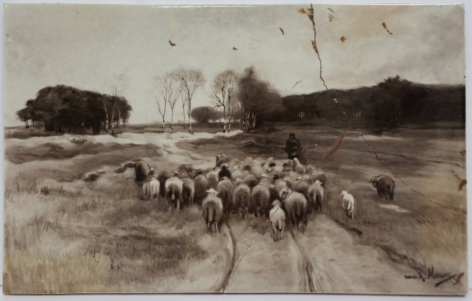 Lg Antique Delft Anton Mauve Porcelain Plaque: Title: Lg Antique Delft Anton Mauve Porcelain Plaque Description:Lg Antique Delft Anton Mauve Porcelain Plaque Sheep Shepherd Landscape Signature: Signed twice on reverse with decorator mo
