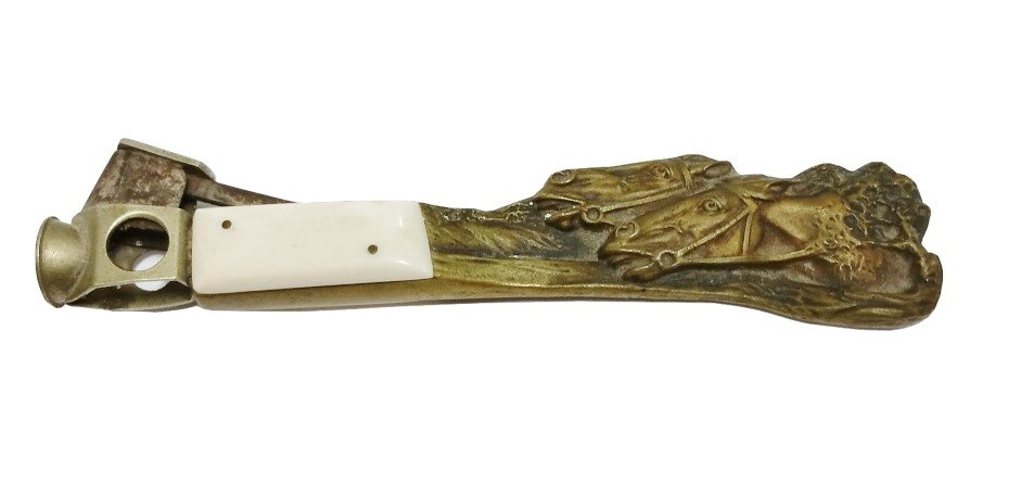 Antique Cigar Cutter Horse Equestrian: Title:Antique Cigar Cutter Horse Equestrian Description: Antique Cigar Cutter Horse Equestrian. Unsure what metal. Approx. Size:6 inches long, 1.25 inches tall Condition:Displays surface wear, d