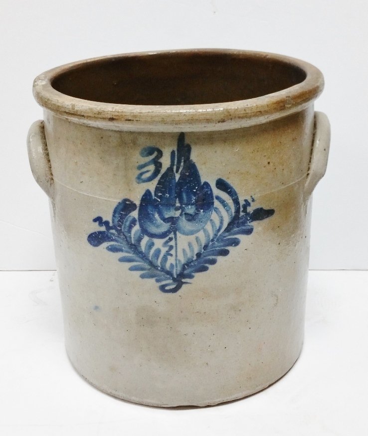 Antique 3 Gallon Blue Decorated Stoneware Crock