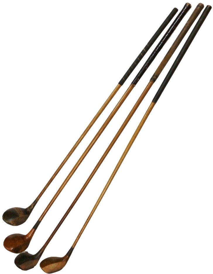Lot of 4 Antique Golf Clubs Wooden Shaft: Title:Lot of 4 Antique Golf Clubs Wooden Shaft Description: Lot of 4 Antique Golf Clubs Wooden Shaft Approx. Size:Two measure 43.25 inches long, One measures 44.5 inches long, One measures 38.5 inches