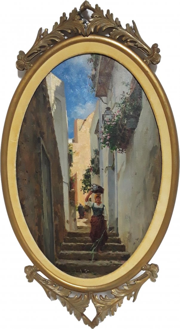 Antique Italian Or Spanish Woman In Sunlit Village Oil: Title: Antique Italian Or Spanish Woman In Sunlit Village Oil On Canvas Described By: Rachel CNX 1208 5003 Description: A woman is carefully walking down villages stairs while the sun beams in through