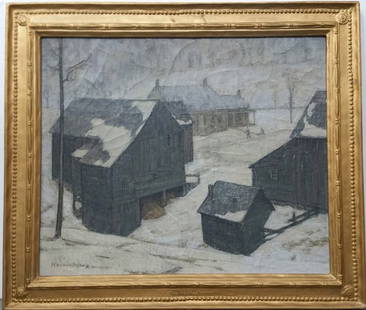 Horace Brown Impressionist Landscape Oil Painting: Title: Horace Brown Impressionist Landscape Oil Painting Description:Large Horace Brown Regional Impressionist Landscape Antique Oil Painting Winter Snow Scene. Oil on canvas laid on panel. Signature: