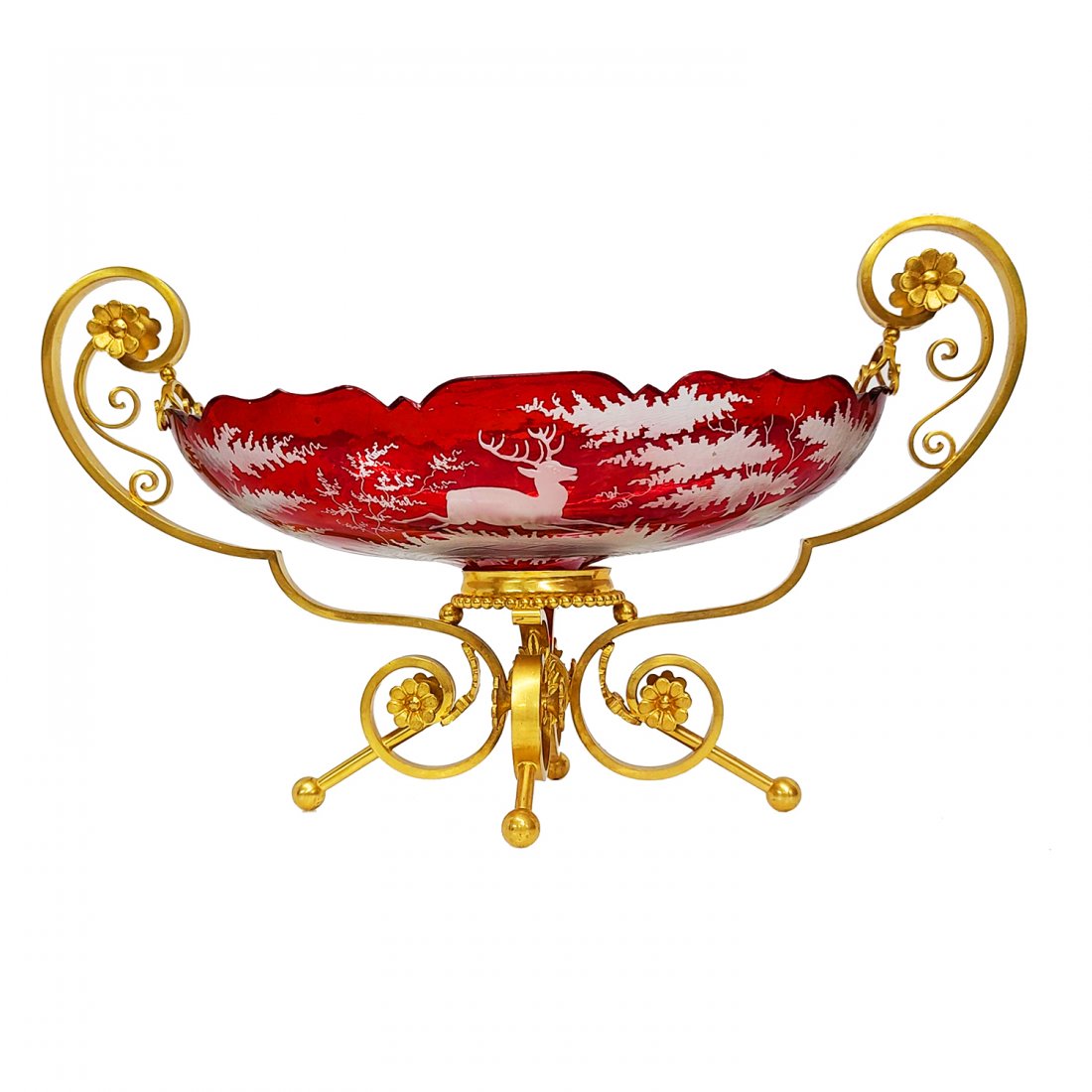 Red Center Bowl On Gold Stand Art Glass