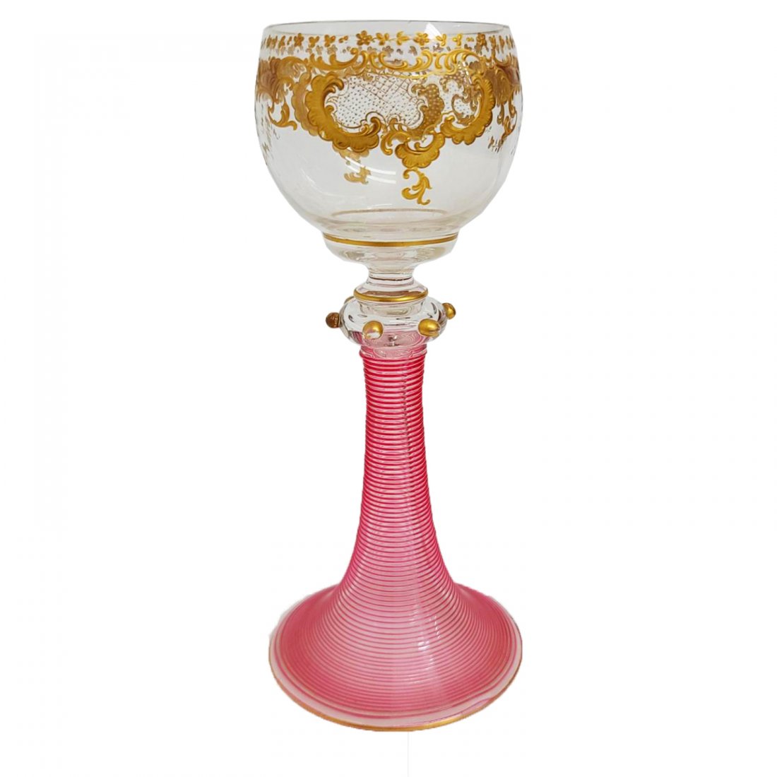 Moser Type Pink Swirl Stem Gilt Goblet Art Glass (1 of 7)