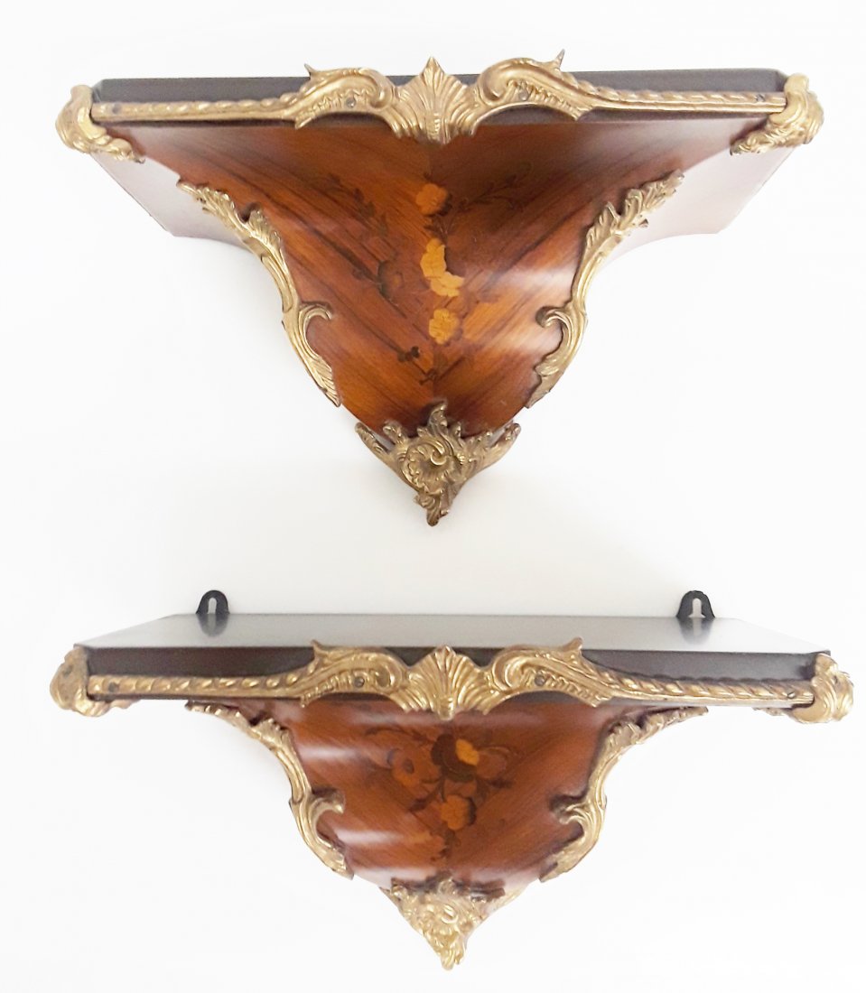 Pair Gilt Metal Mounted Marquetry Wall Bracket Shelf (1 of 10)