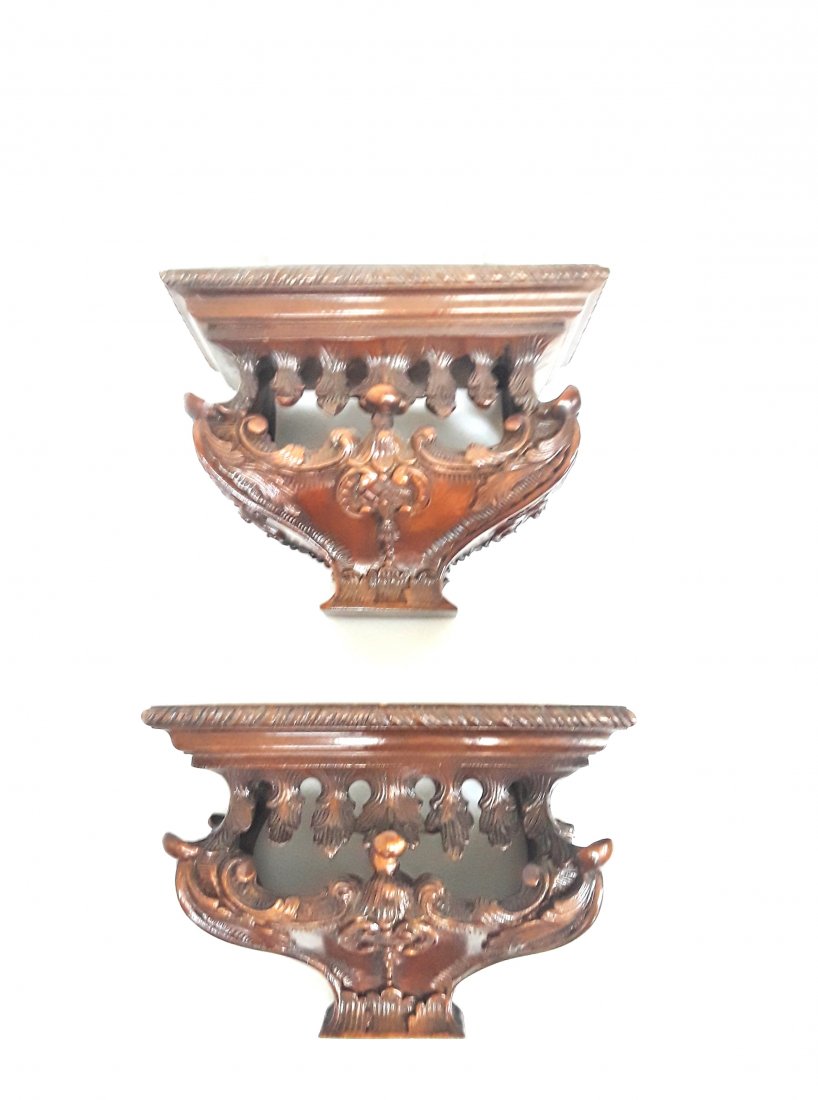 Pair Of Carved Mounted Marquetry Wall Bracket Shelf (1 of 10)