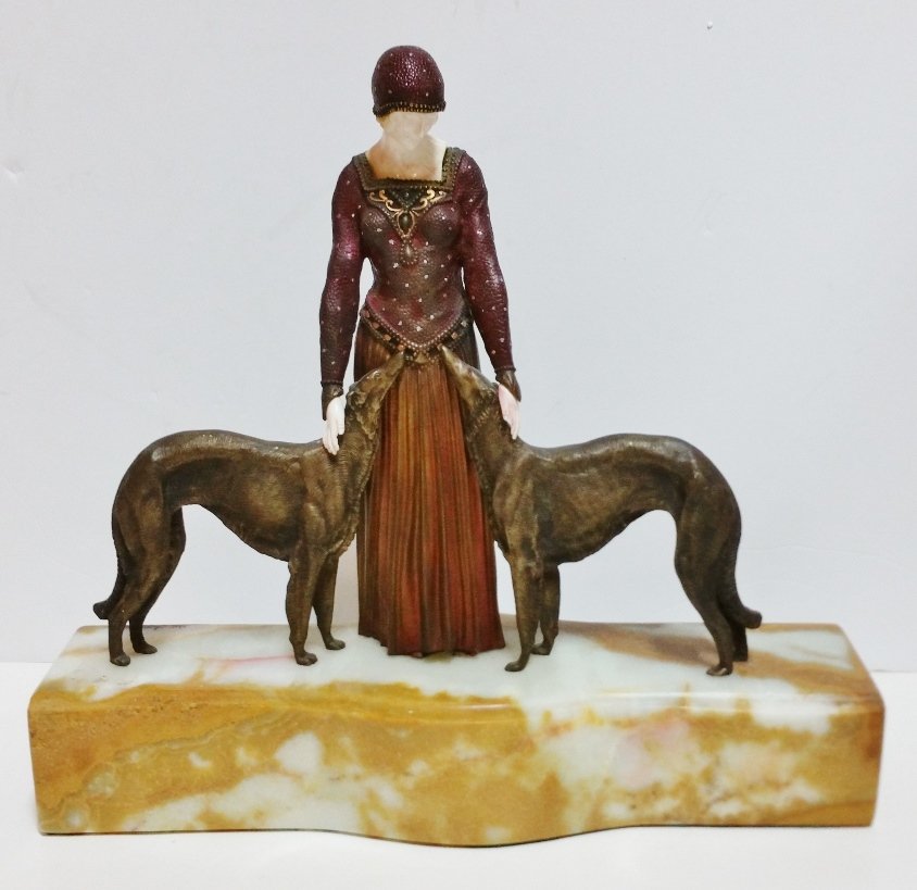 Chiparus Art Deco Bronze Woman Borzoi Dogs Sculpture (1 of 9)