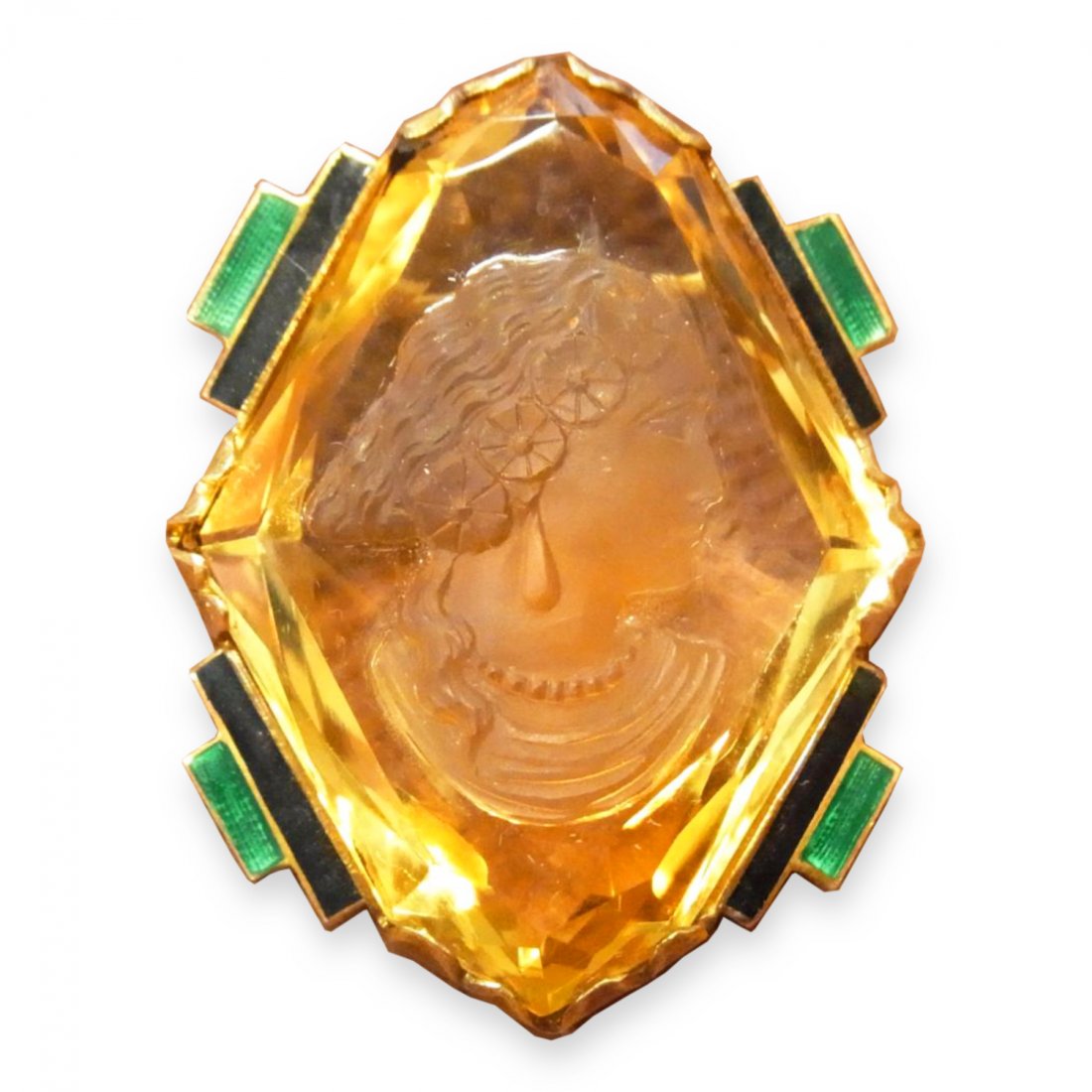 65ct Carved Citrine Cameo 14k Gold Art Deco Pendant (1 of 16)