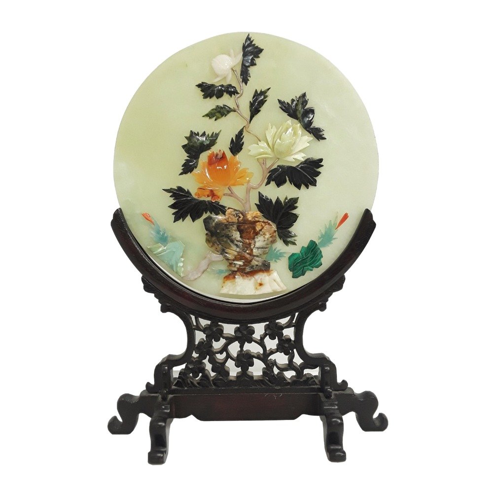 Vintage Chinese Hardstone Jade Floral Table Screen Disk (1 of 9)