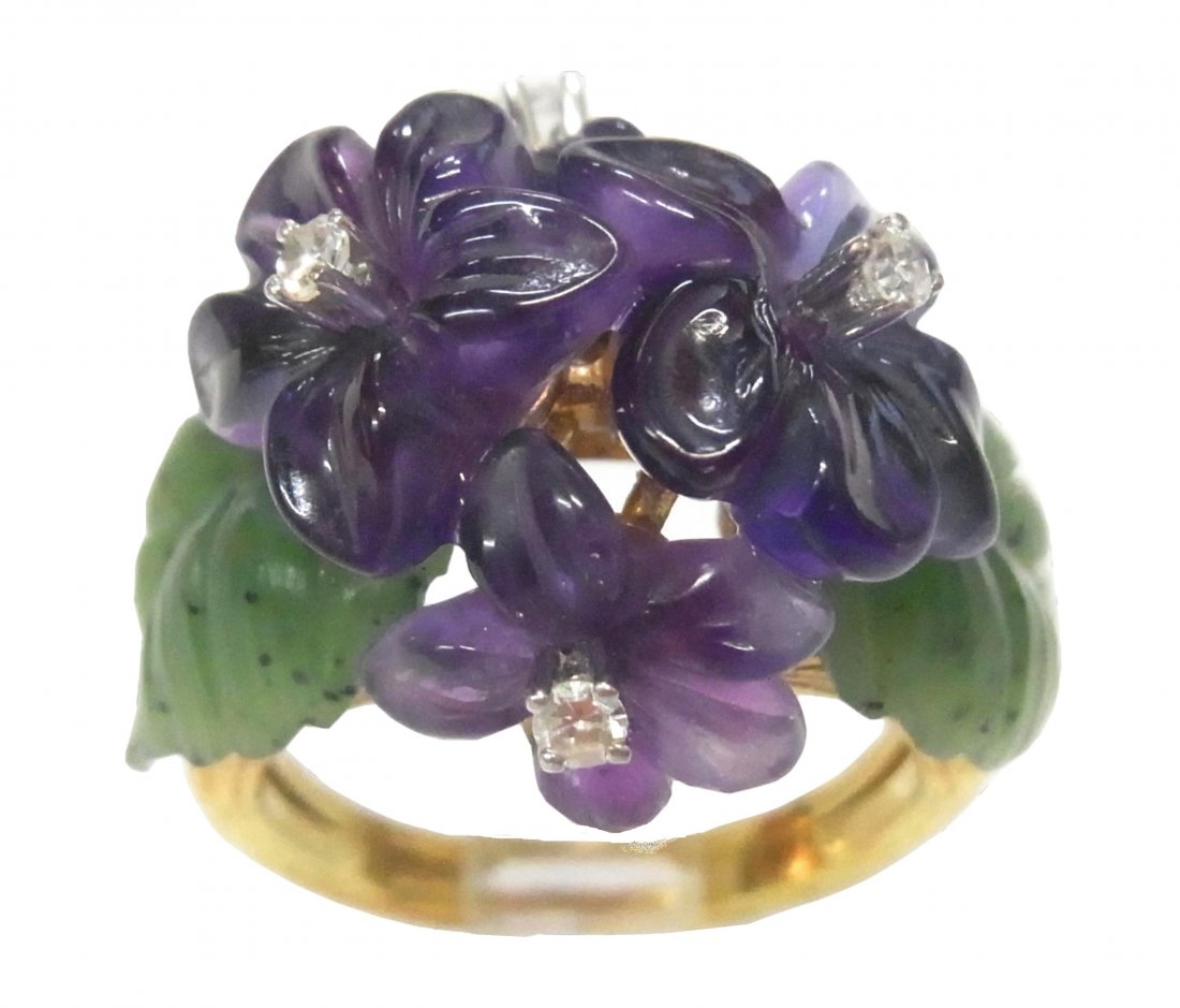 Vtg 18k Gold Carved Amethyst Jade Diamond Designer Ring (1 of 11)