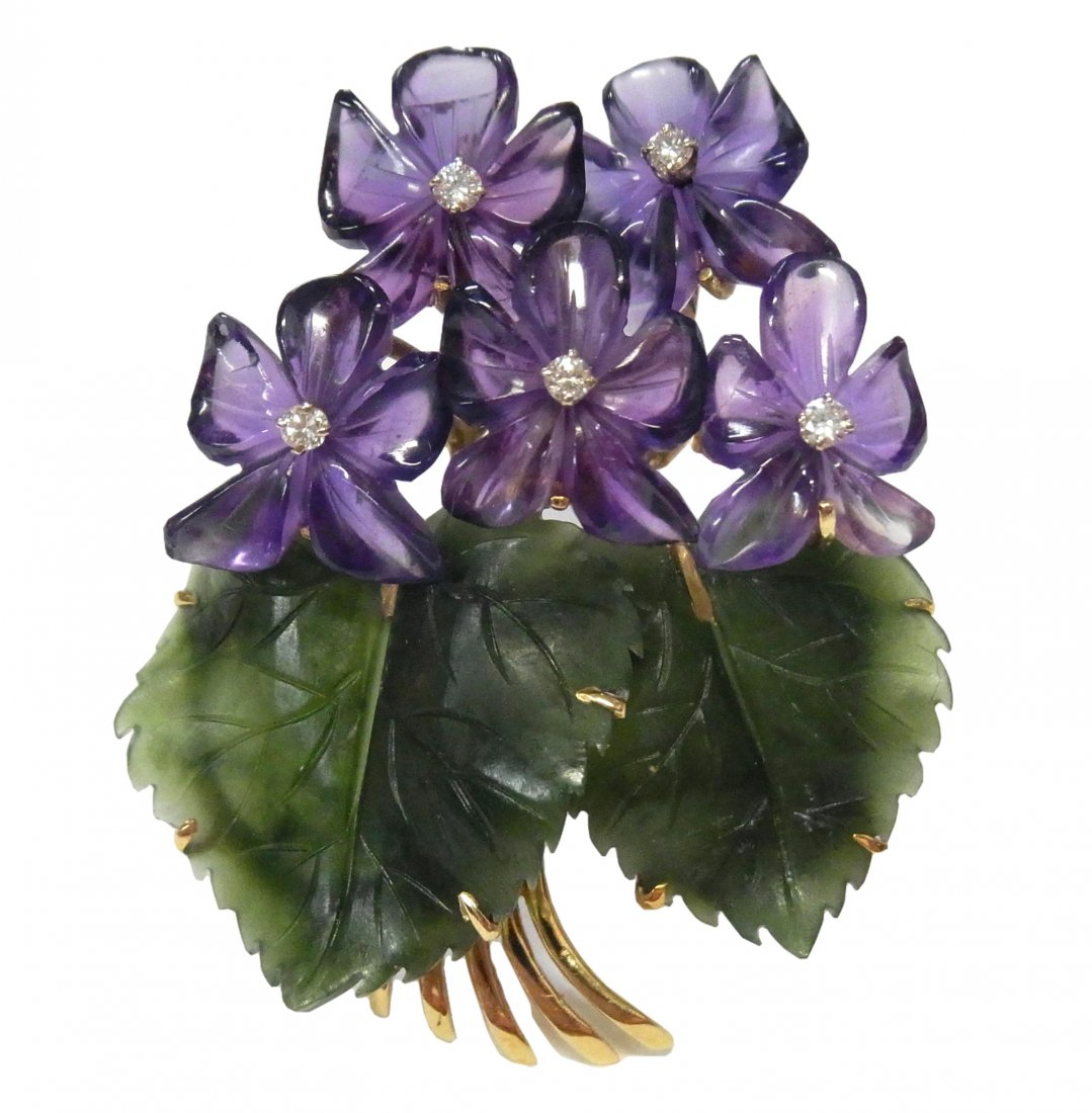 Vtg 14k Gold Carved Amethyst Jade Diamond Signed Brooch (1 of 9)