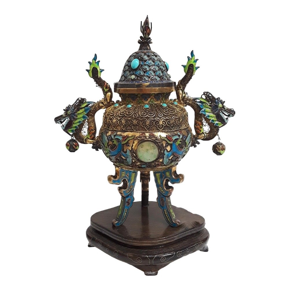 Antique Chinese Solid Silver Gilt Cloisonne Jade Censer (1 of 10)