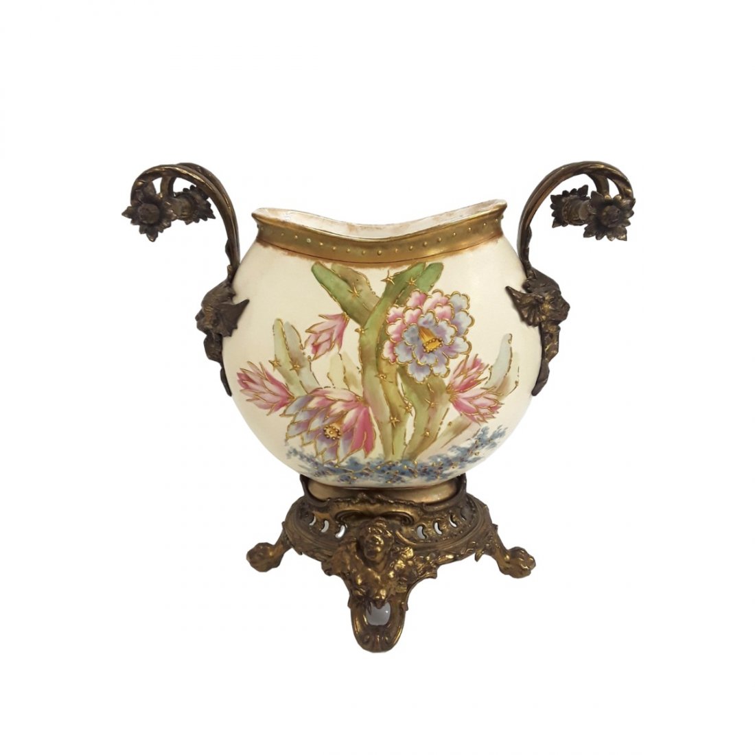 Worcester Type Bronze Mounted Cactus Floral Pillow Vase: Described by: Rachel CNX 1227 5138 Title: Worcester Type Bronze Mounted Cactus Floral Pillow Vase Description: This lovely piece features flowering cacti on both sides each side has slight differences