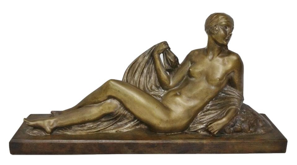 Joe Descomps Art Deco Bronze Nude Female Sculpture: Title: Joe Descomps Art Deco Bronze Nude Female Sculpture Description:Joseph Jules Emmanuel Cormier Descomps Art Deco Bronze Reclining Nude Female Statue Sculpture Hallmarks or Signature: S