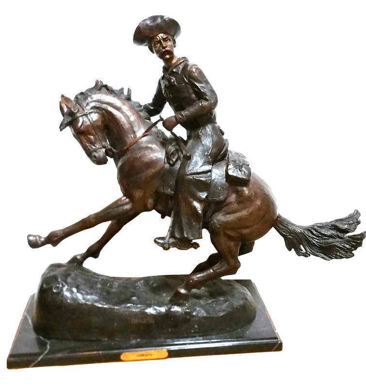 After Remington Bronze Cowboy Horse Sculpture Statue