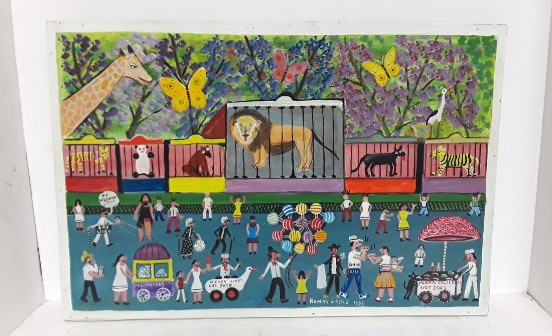 Roman Lopez Mexican Outsider Art Zoo Landscape Painting (1 of 8)