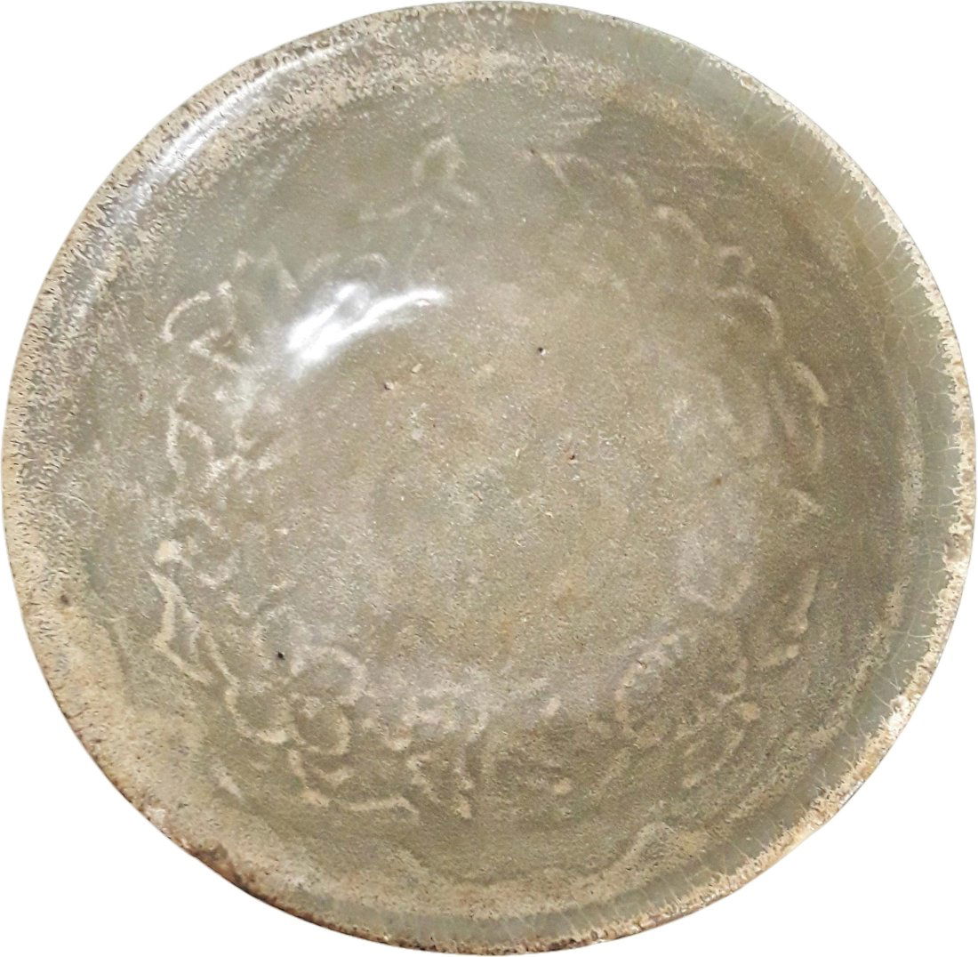 Vietnamese Antique Celadon Floral Bowl Wood Stand: Described by: RM CNX 1228 5238 Title: Vietnamese Antique Celadon Floral Bowl Wood Stand Size: Height: 2.65 in Width: 6.5 in Stand height: 1.25 in Number of pieces:
