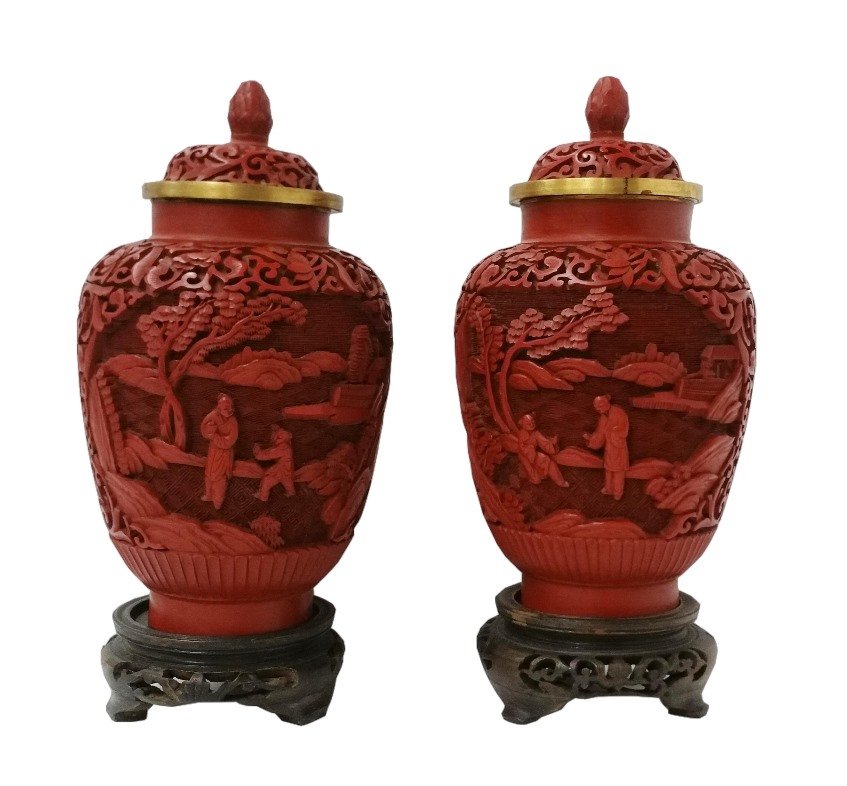 Pair Vintage Chinese Carved Cinnabar Lacquer Jars (1 of 7)