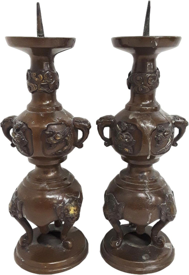 Antique Asian Pair Of Bronze Bat Bird Candle Pricket (1 of 5)