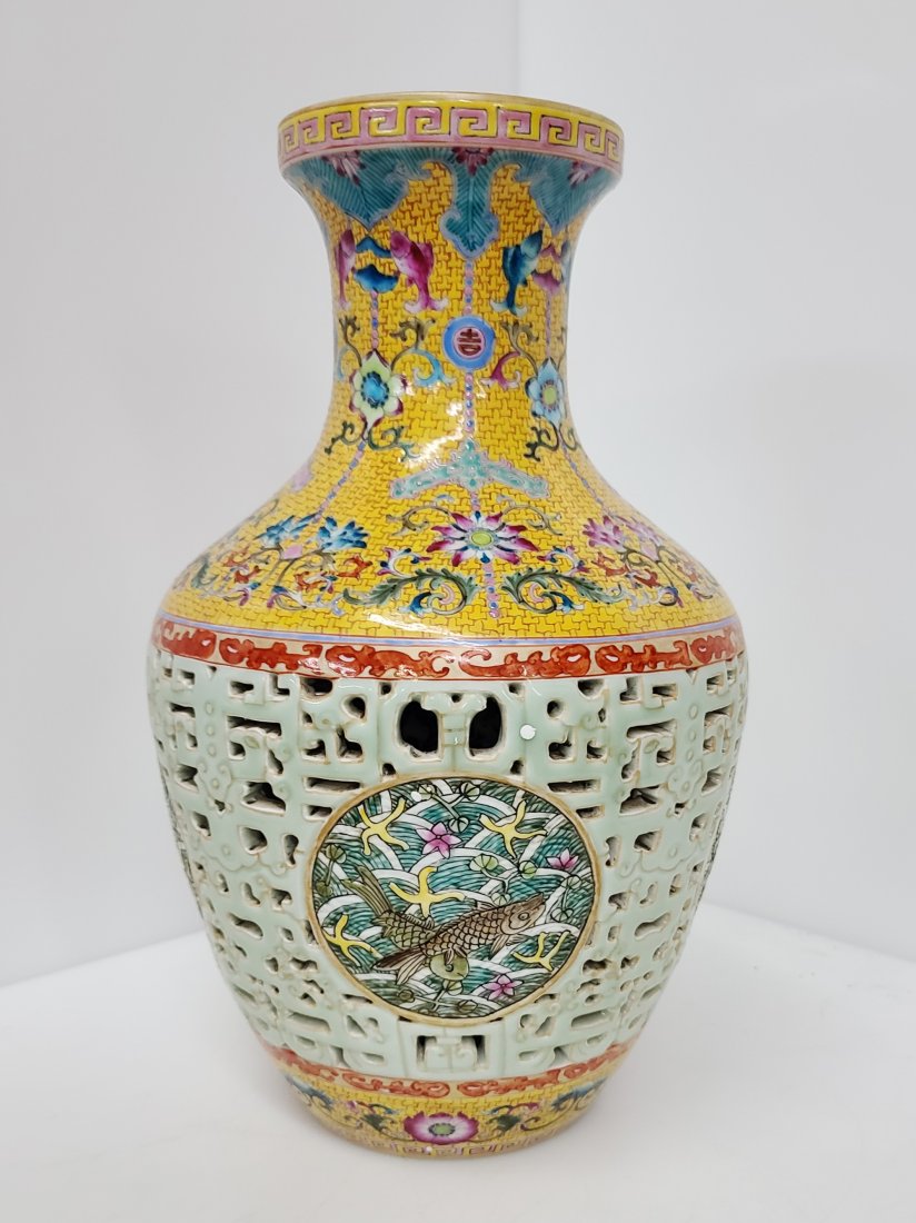 Lg Signed Chinese Koi Celadon Famille Jaune Double Vase (1 of 11)