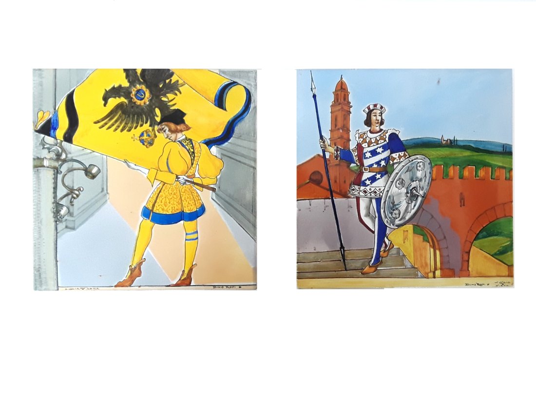 Pair Of Antique Dino Rofi Medieval Style Italian Tiles (1 of 9)