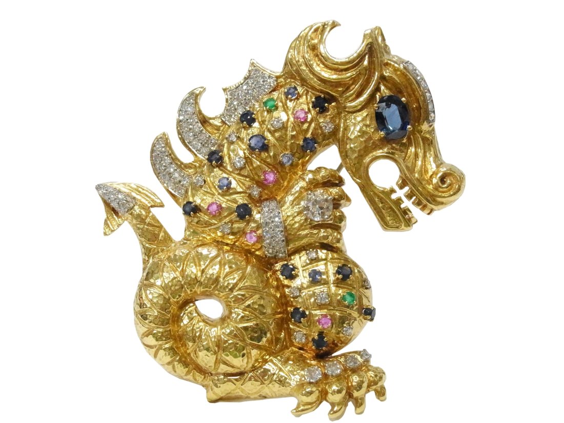 David Webb Large 18k Gold Platinum Diamond Emerald Sapphire Ruby Asian Dragon Motif Pin Clip (1 of 13)