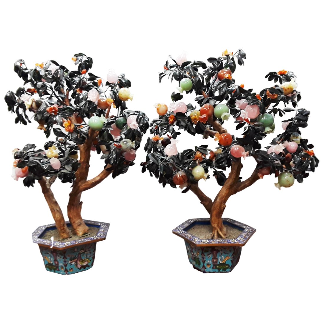 Pair Of Huge Vintage Chinese Cloisonne Enamel Pomegranate Jade Trees 3 Foot (1 of 10)