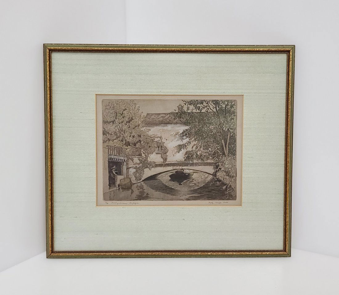 Polly Knipp Hill Hand Colored Etching Bridgehouse Arpajon French Landscape (1 of 6)