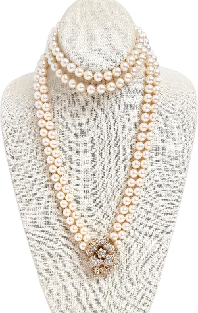 72 Inch Gem Quality 8.5 mm Double Strand Akoya Cultured Pearl En Tremblant 18K Gold Necklace (1 of 7)