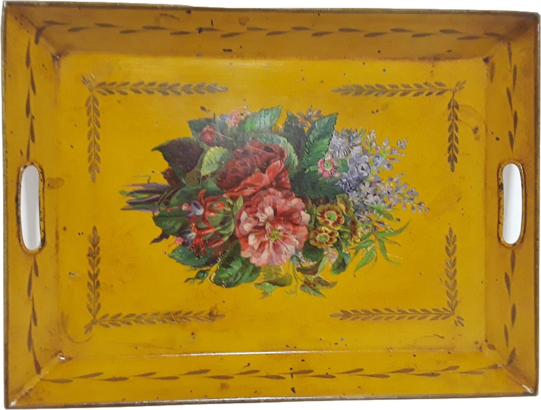 Antique Hand Painted Metal Tole Floral Handled Serving Tray (1 of 8)