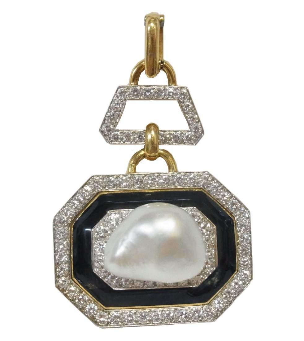 David Webb 18.5-14.3mm Pearl 5.50ctw Fine White Diamond 18k Gold Platinum Enameled Enhancer Pendant (1 of 13)