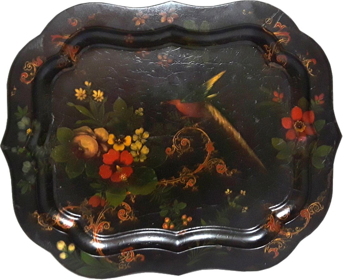 Old Tole Painted Gilt Chinoiserie Floral Bird Lobed Edge Serving Tray (1 of 6)